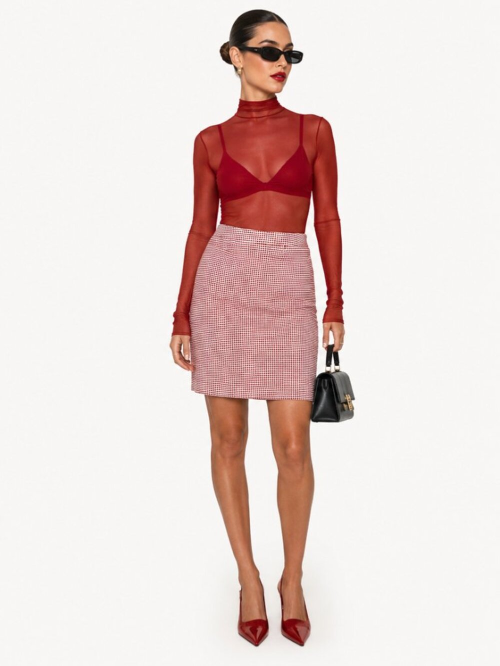 Halogen Red & White Tweed Gingham Pencil Skirt
